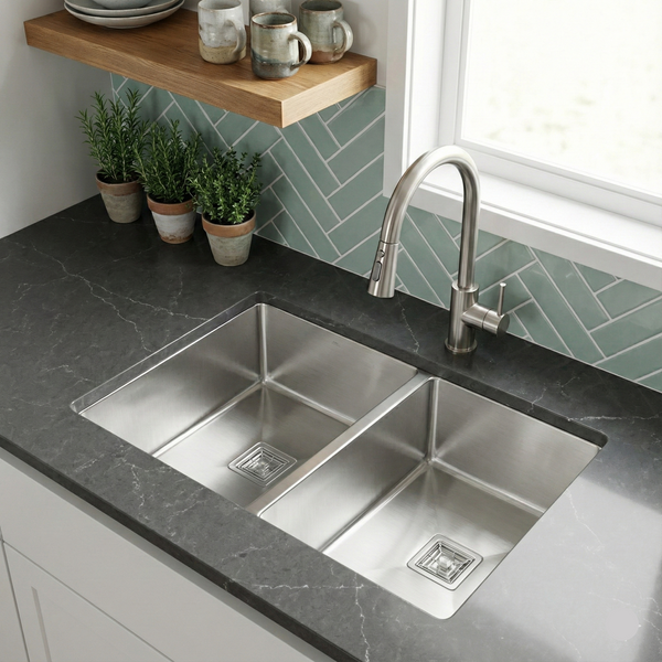 Premium SS 304 Grade Double Equal Bowl Kitchen Sink, Matte Finish, 32x18x9 In, 25 Years Warranty
