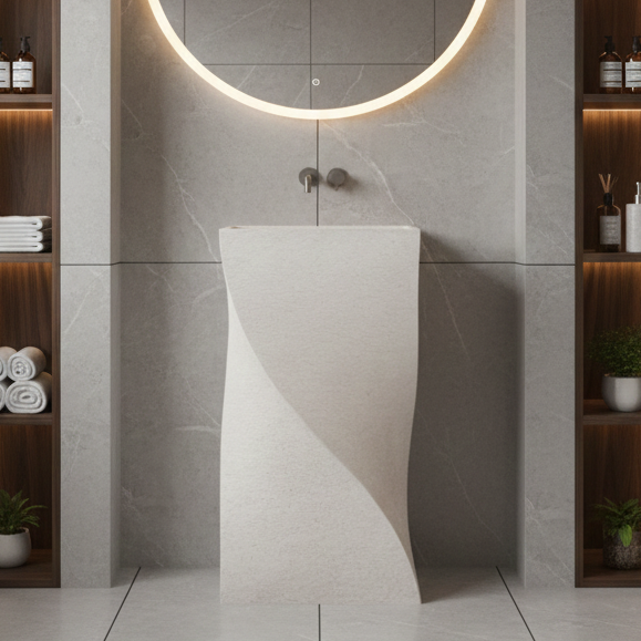 Twisted Architectural Form | Matt Ivory Elegance Artificial Stone Pedestal Basin 16.5″ × 16.5″ × 34″ In