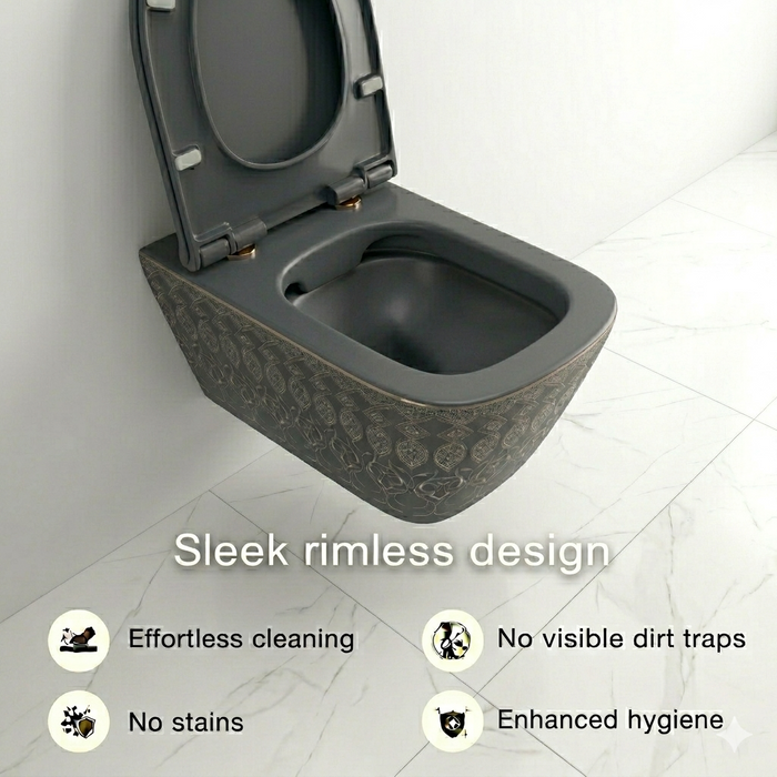 Bassino Wall Hung Toilet (21 x 13 x 14 Inches) – Matte Black Moroccan Finish Rimless WC with UF Seat Cover | Luxury Designer Toilet