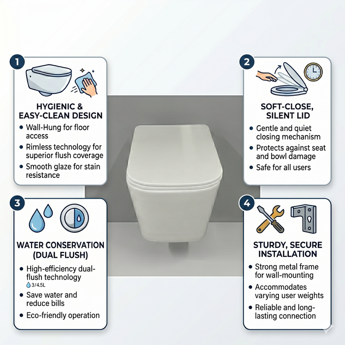 Bassino Wall Hung Rimless Toilet – White Glossy Finish with UF Seat Cover | Modern Compact WC | | 20.5 x 13.5 x 14 inches