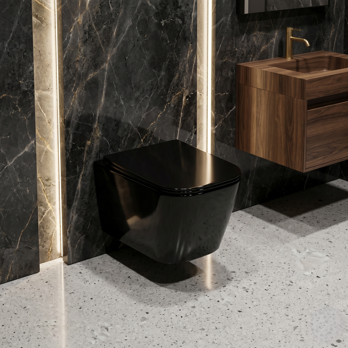 Bassino Wall Hung Toilet – Glossy Black | 20.5 x 13.5 x 14 Inches Modern WC