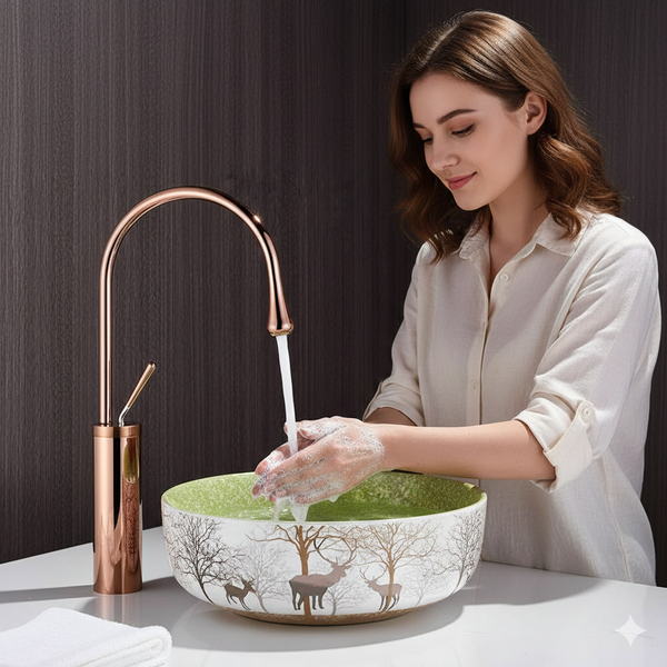 BASSINO Stylish Bathroom Faucet with Single Lever - Waterfall Bathroom Basin Faucet of Brass - Hot and Cold Water Mixer Antique Tap for Bathroom 14 Inches - (Rose Gold)