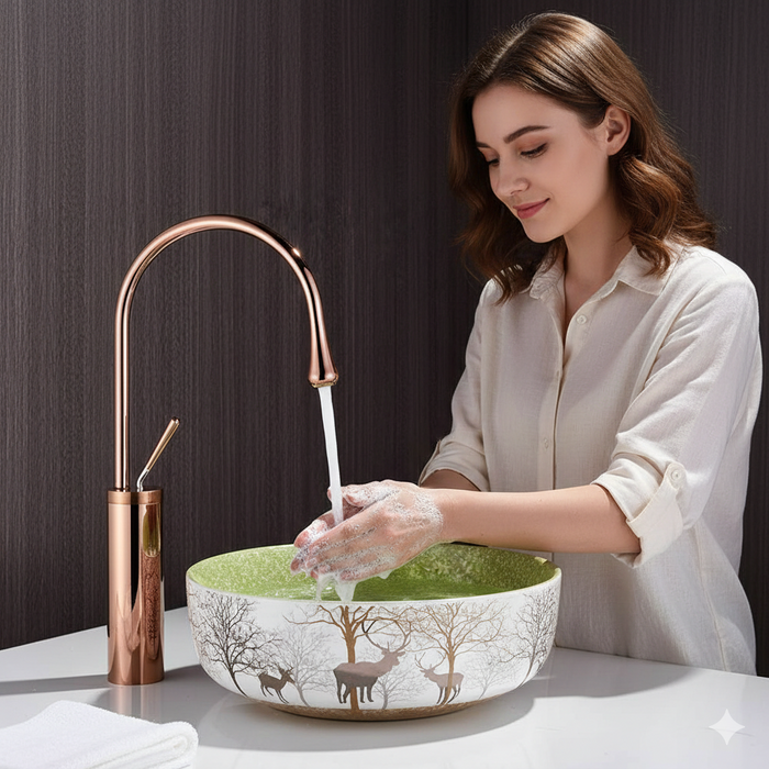 BASSINO Stylish Bathroom Faucet with Single Lever - Waterfall Bathroom Basin Faucet of Brass - Hot and Cold Water Mixer Antique Tap for Bathroom 14 Inches - (Rose Gold)