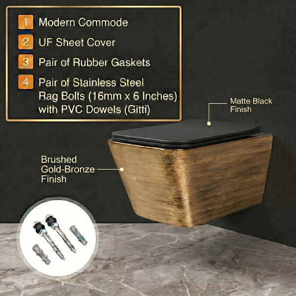 Bassino Designer Wall Hung Toilet (20 x 14 x 5 Inches) – Glossy Black Inside, Rose Gold Textured Finish