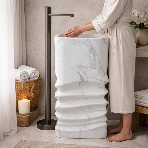 Sculpted Marble-Effect Artificial Stone Pedestal Basin | Modern Freestanding Wash Basin 16.5″ × 16.5″ × 33.5″ In