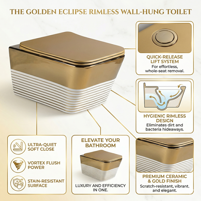 Bassino Gold Luxury Wall Hung Toilet – Rimless WC with UF Seat Cover | 20.5 x 13.5 x 14 Inches