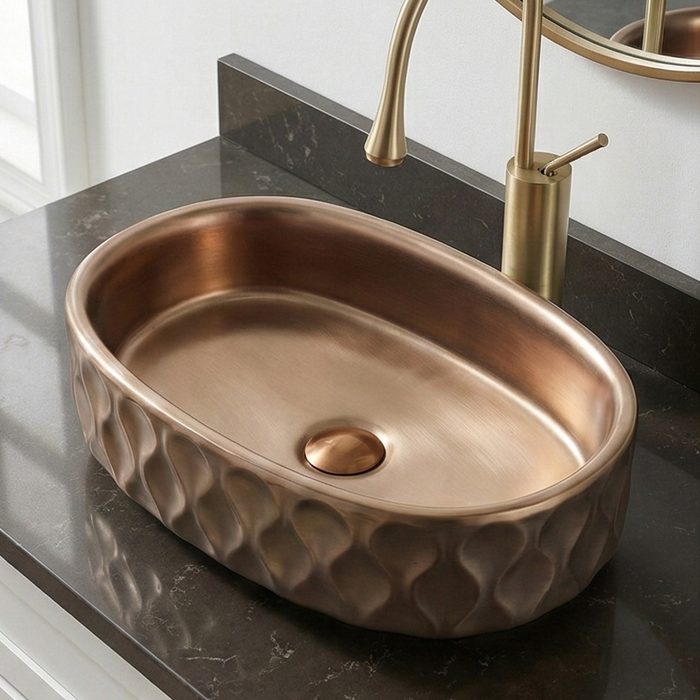 Premium Designer Ceramic Table Top Wash Basin, Dark Khakhi-Rose Gold Matt (20 x 12.5 x 5.5 In) ZXTT/761