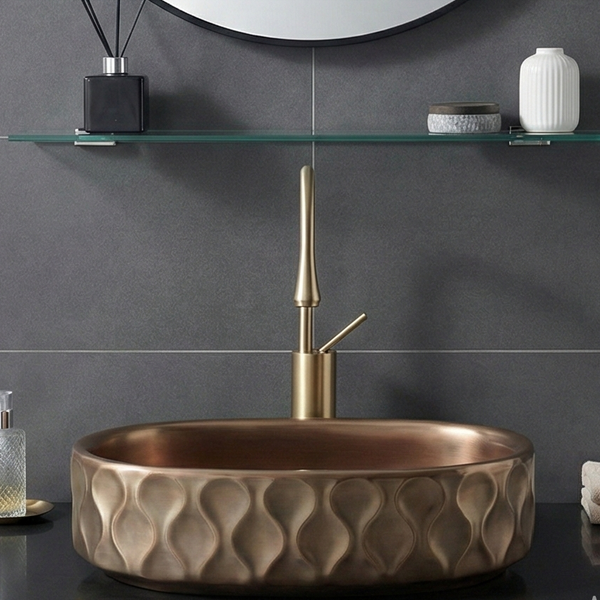 Premium Designer Ceramic Table Top Wash Basin, Dark Khakhi-Rose Gold Matt (20 x 12.5 x 5.5 In) ZXTT/761