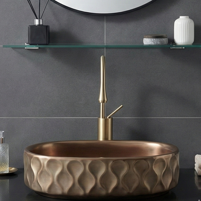 Premium Designer Ceramic Table Top Wash Basin, Dark Khakhi-Rose Gold Matt (20 x 12.5 x 5.5 In) ZXTT/761