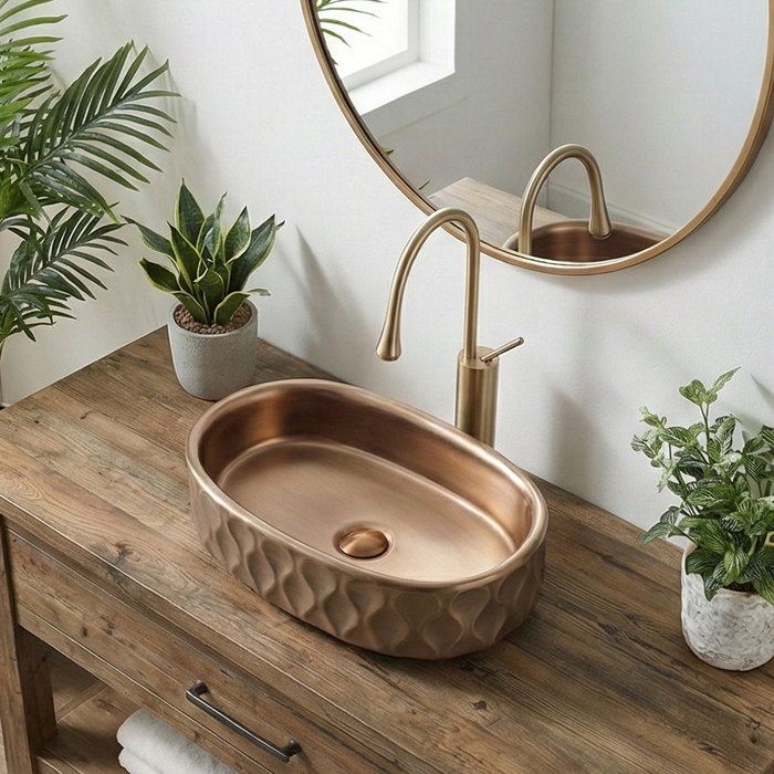Premium Designer Ceramic Table Top Wash Basin, Dark Khakhi-Rose Gold Matt (20 x 12.5 x 5.5 In) ZXTT/761