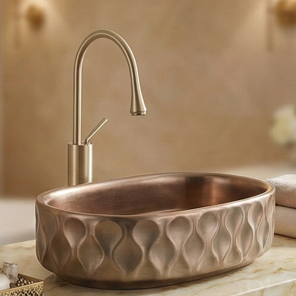 Premium Designer Ceramic Table Top Wash Basin, Dark Khakhi-Rose Gold Matt (20 x 12.5 x 5.5 In) ZXTT/761