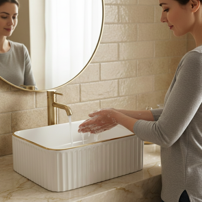 Bassino Luxury Counter Top Wash Basin with Gold Line | Designer Table Top Basin | Approx. 20 × 15 × 7 Inches