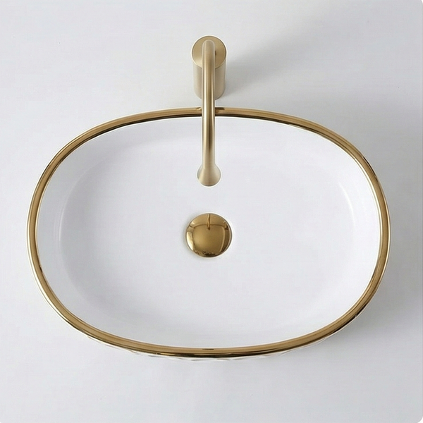 Premium Designer Ceramic Table Top Wash Basin, Gold & Black-Rose Gold Glossy (20 x 12.5 x 5.5 In) White