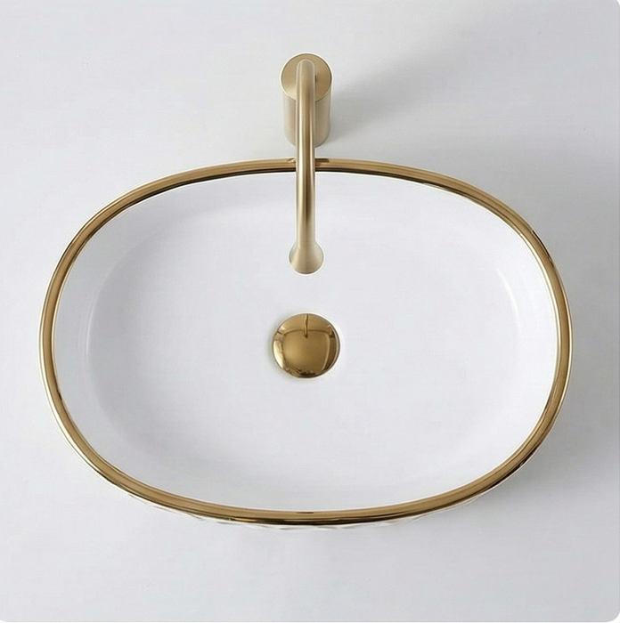 Premium Designer Ceramic Table Top Wash Basin, Gold & Black-Rose Gold Glossy (20 x 12.5 x 5.5 In)