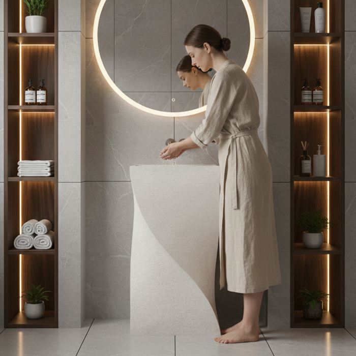 Twisted Architectural Form | Matt Ivory Elegance Artificial Stone Pedestal Basin 16.5″ × 16.5″ × 34″ In