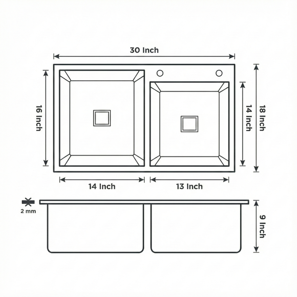 Premium SS 304 Grade Double Different Bowl Kitchen Sink, Matte, 30x18x9 In, 25 Years Warranty
