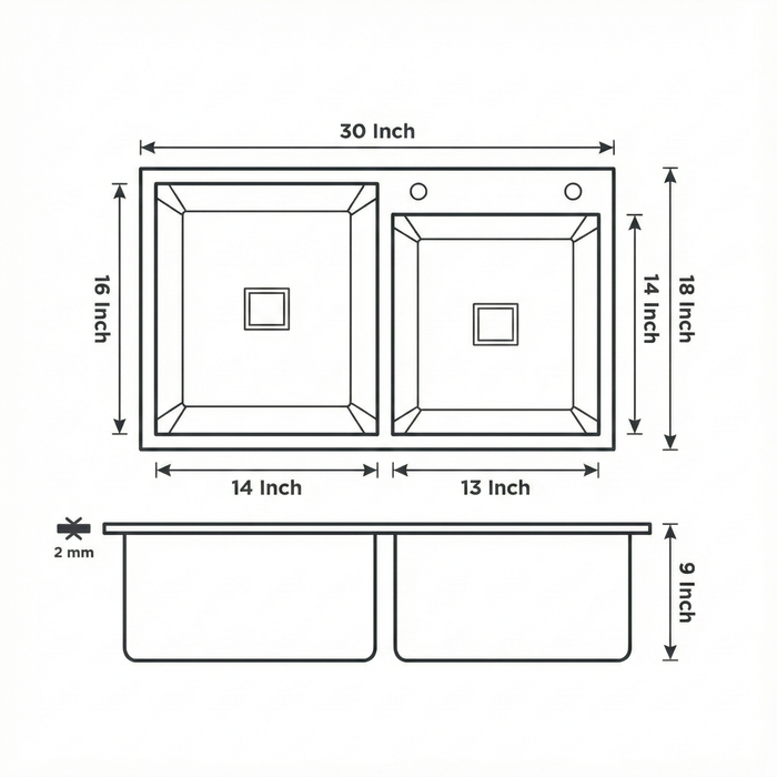 Premium SS 304 Grade Double Different Bowl Kitchen Sink, Matte, 30x18x9 In, 25 Years Warranty