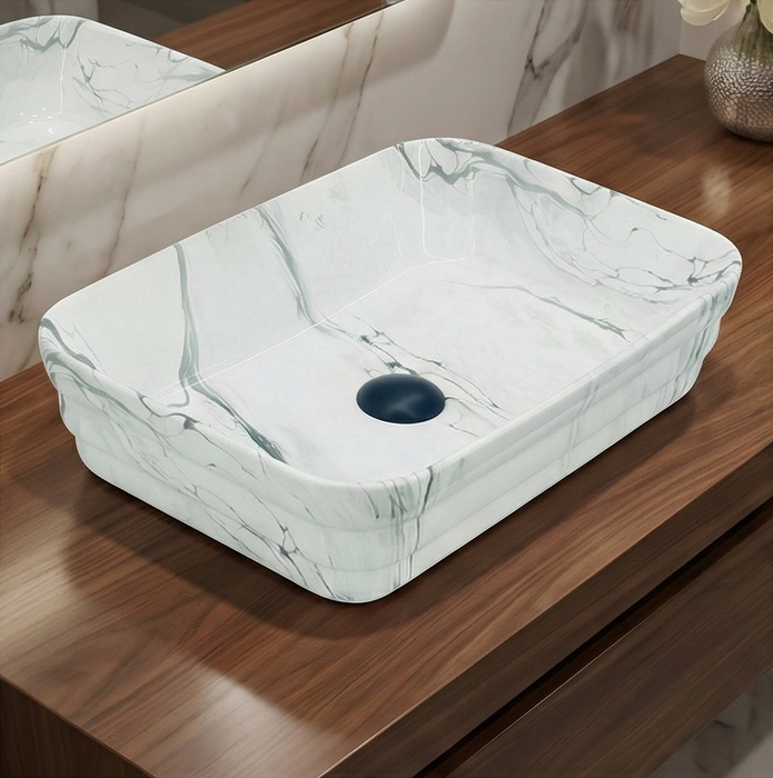 Glossy Marble Finish Rectangular Countertop Bathroom Sink Wash Basin (20" × 14" × 5" IN)