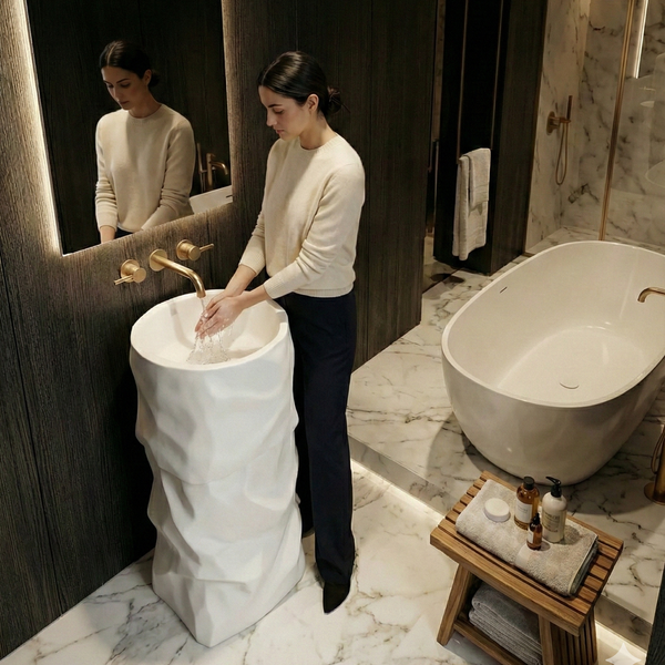 Luxury Sculpted Artificial Pedestal Basin | Designer Freestanding Wash Basin | 20 × 20 × 36 In - ZXPB/67