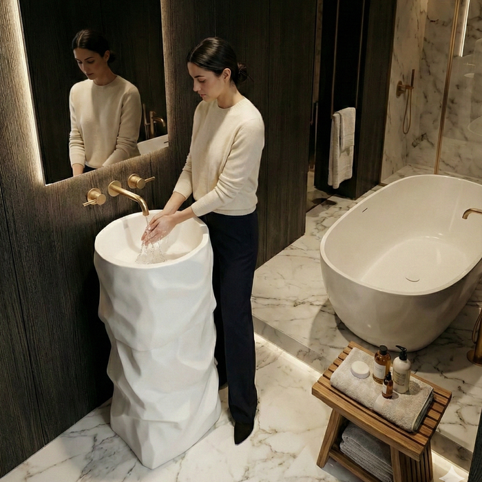 Luxury Sculpted Artificial Pedestal Basin | Designer Freestanding Wash Basin | 20 × 20 × 36 In - ZXPB/67