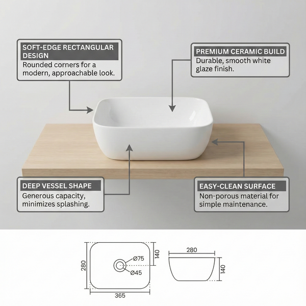 Premium Table Top Ceramic Spacious Vessel Basin (ROCKY 14") (365x280x140 mm)