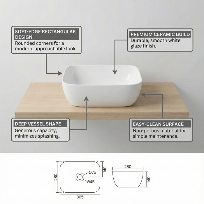 Premium Table Top Ceramic Spacious Vessel Basin (ROCKY 14") (365x280x140 mm)
