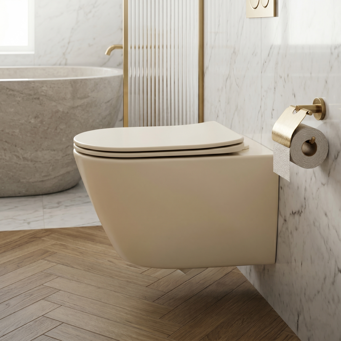 Bassino Wall Hung Toilet (21 x 13 x 14 Inches) – Matte Beige Rimless WC with Tornado Flushing | Modern Bathroom Toilet