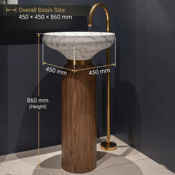 Dual Tone finish Pedestal Wash Basin | Luxury Artificial Stone Freestanding Basin - 17.5″ × 17.5″ × 34″ In White