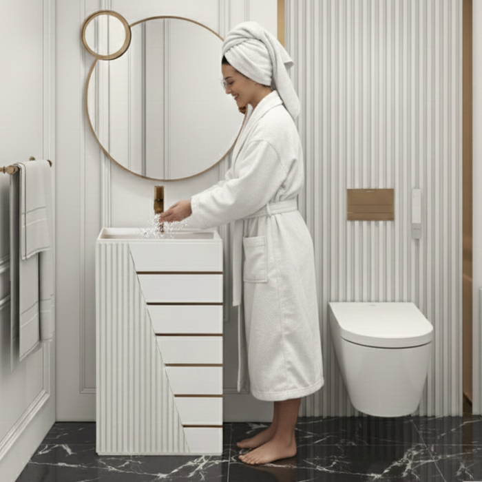 Ivory Pedestal Wash Basin with Golden Line Design & Tap Hole | Luxury Artificial Stone Basin - 19″ × 16″ × 34″ In