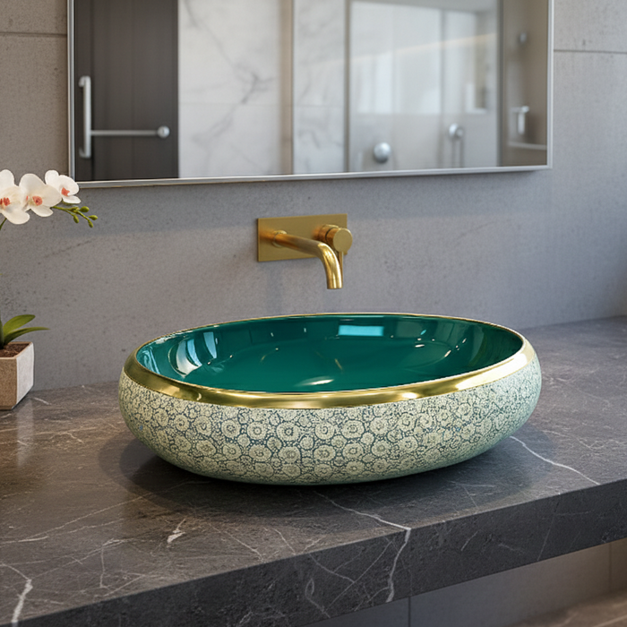 Designer Basin (Gold Rim, Emerald Green Interior, Blue Mosaic Pattern 24x16x6 In BTT-11560)