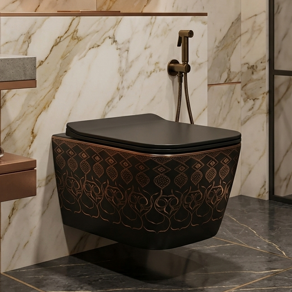 Bassino Wall Hung Toilet (21 x 13 x 14 Inches) – Matte Black Moroccan Finish Rimless WC with UF Seat Cover | Luxury Designer Toilet