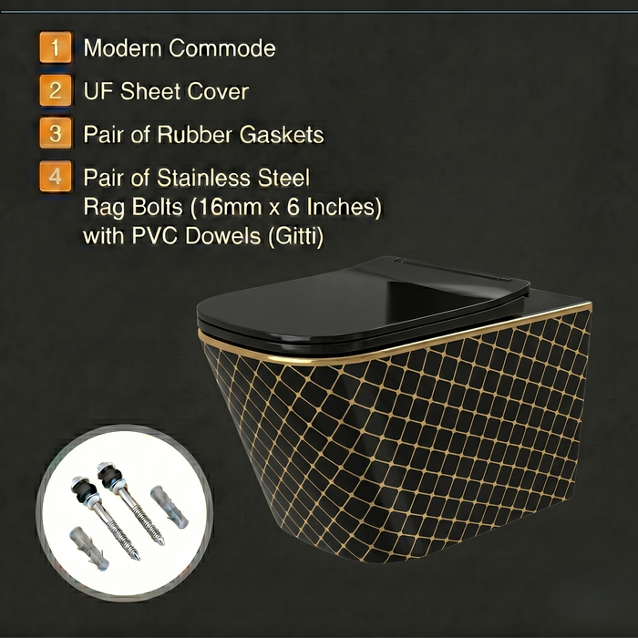 Bassino Black & Gold Designer Wall Hung Toilet – Rimless WC with UF Seat Cover | Luxury Modern Bathroom | 20.5 x 13.5 x 14 inches