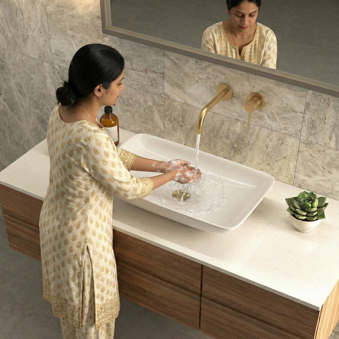 Premium Modern Ceramic White Rectangular Table Top Basin (MARIGOLD) (630x375x115mm)