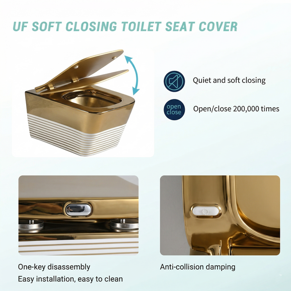 Bassino Gold Luxury Wall Hung Toilet – Rimless WC with UF Seat Cover | 20.5 x 13.5 x 14 Inches