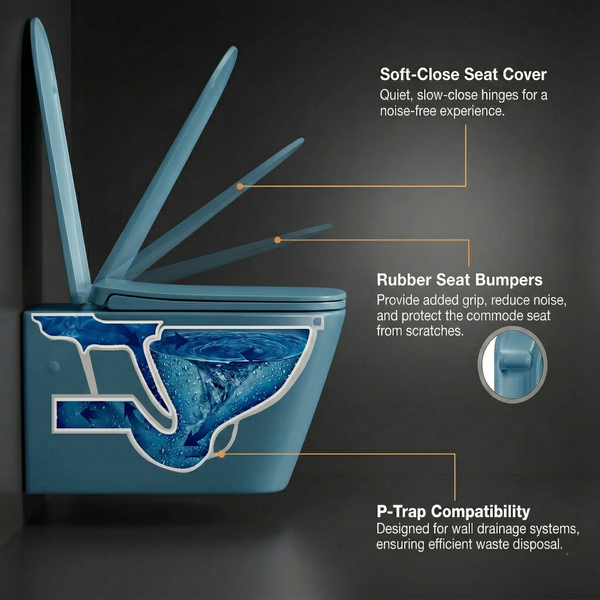 Bassino Matt Kohler Blue Wall Hung Toilet – Rimless WC with UF Seat Cover | 20.5 x 13.5 x 14 Inches