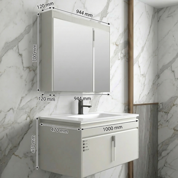 BASSINO Bathroom Vanity Cabinet Set – 40″ Plywood Vanity with Ceramic Basin & 37″ LED Mirror Cabinet