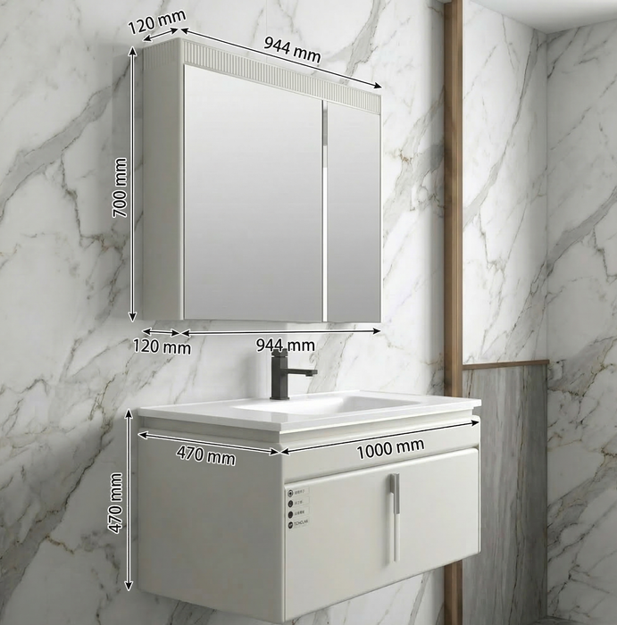 BASSINO Bathroom Vanity Cabinet Set – 40″ Plywood Vanity with Ceramic Basin & 37″ LED Mirror Cabinet