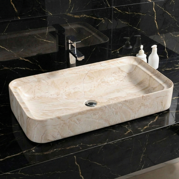 Luxury Matt Marble Countertop Wash Basin | Designer Rectangular Table Top Basin |  (30" × 16" × 6" IN) Beige
