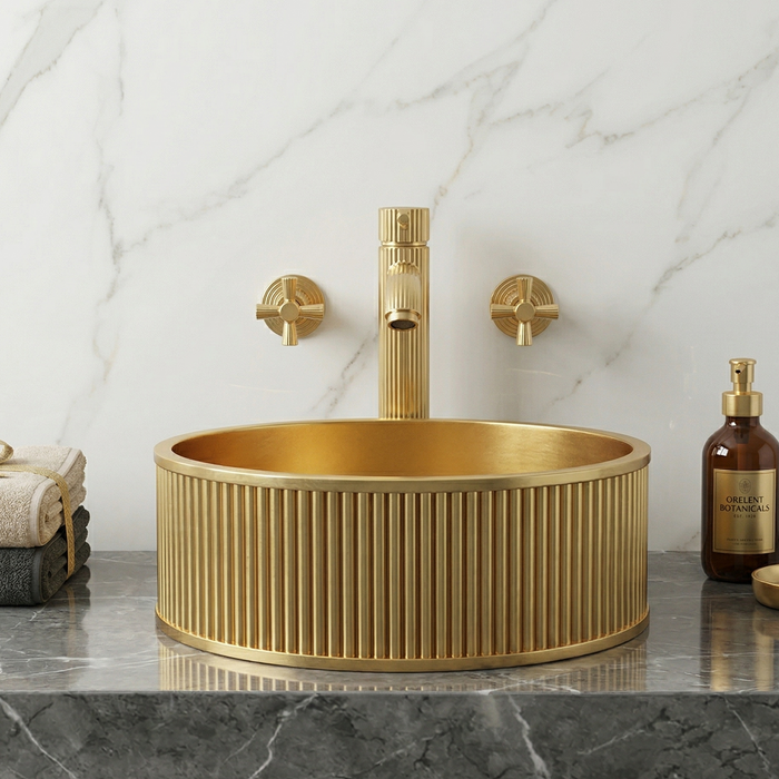Bassino Modern Stainless Steel Wash Basin | Stylish Countertop Wash Basin for Bathroom–400x400x130 mm Gold