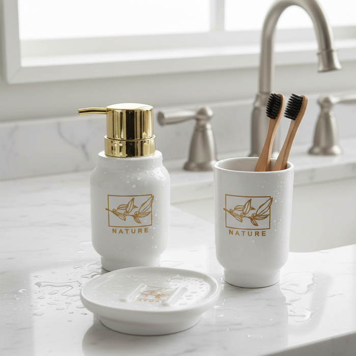 Ceramic 3-Piece Bathroom Accessory Set – Premium Gold Print Series