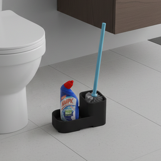 BASSINO Modern Toilet Brush With Cleaner Shelf Holder-Glossy Black