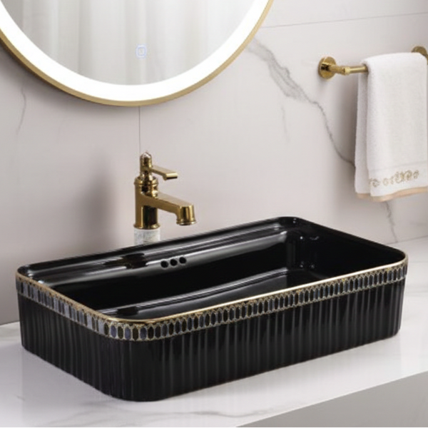 Bassino Luxury Designer Counter Top Wash Basin | Premium Rectangular Table Top Basin | Approx. 24 × 14 × 6 Inches Black