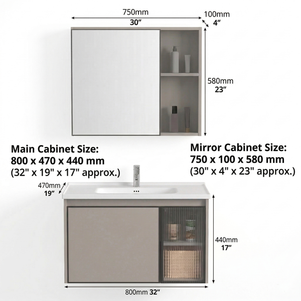 BASSINO Bathroom Vanity Cabinet Set – 32″ Wall Mounted Carbon Fiber Vanity with Ceramic Basin & Mirror Cabinet