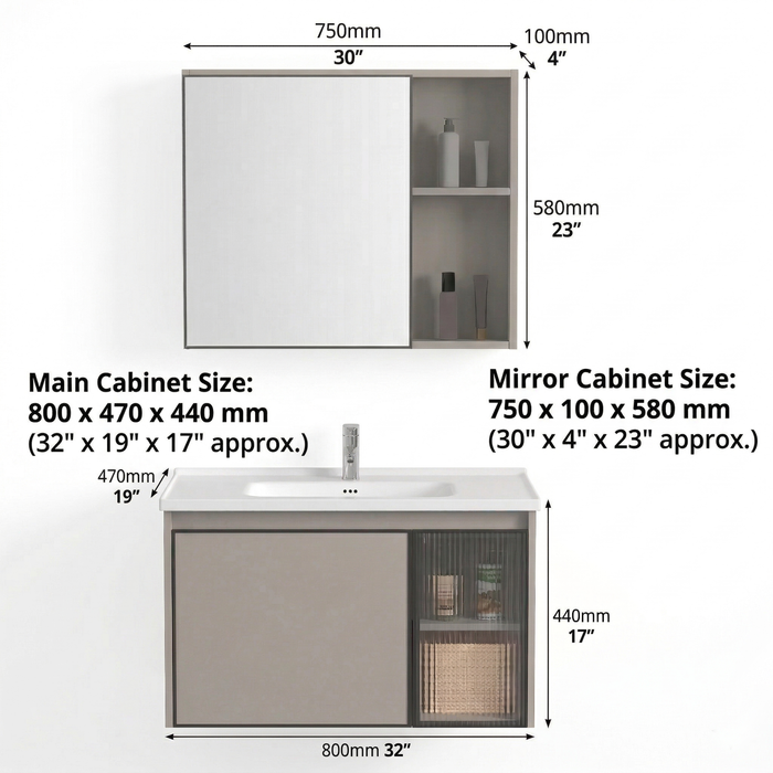 BASSINO Bathroom Vanity Cabinet Set – 32″ Wall Mounted Carbon Fiber Vanity with Ceramic Basin & Mirror Cabinet