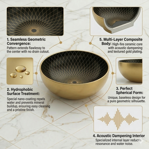 BASSINO Premium Moroccan Designer Obsidian Black & Gold Tabletop Basin (16x16x6 Inch) Black