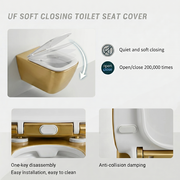 Bassino NCWH 1088 Wall Hung Toilet (21 x 14 x 5 Inches) – White Glossy Inside with Gold Texture Finish | Modern Designer WC