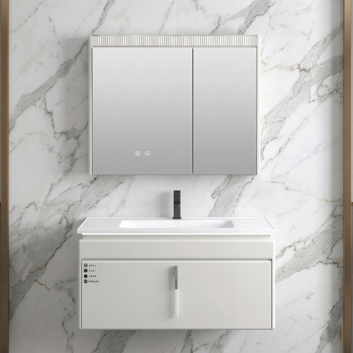 BASSINO Bathroom Vanity Cabinet Set – 40″ Plywood Vanity with Ceramic Basin & 37″ LED Mirror Cabinet