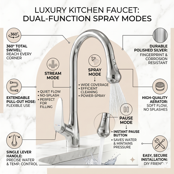 Premium 3-Function Kitchen Sink Mixer Tap – 360° Swivel | Multiple Finishes | 7-Year Warranty Silver