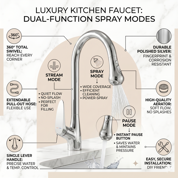 Premium 3-Function Kitchen Sink Mixer Tap – 360° Swivel | Multiple Finishes | 7-Year Warranty Silver