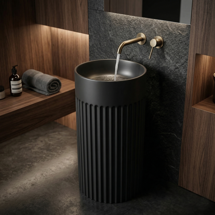 BASSINO Fluted Pedestal Basin – 16″ Matte Black Freestanding Designer Wash Basin